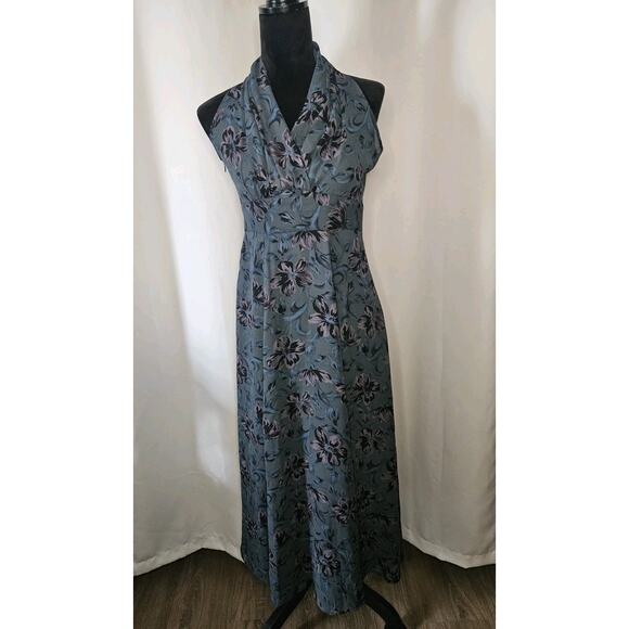 Vintage High Neck Sleeveless Dress Sheer Floral Maxi Blue Empire Waist XS 0/2 - Picture 1 of 8